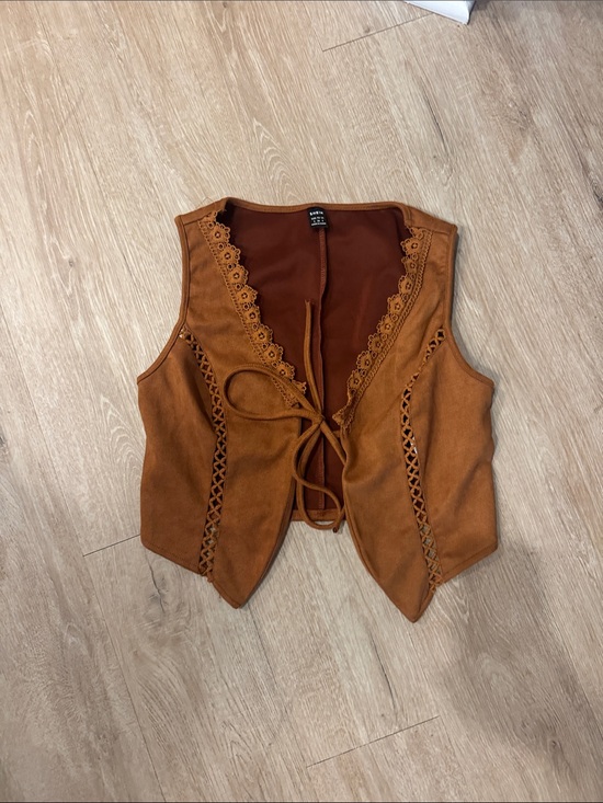 Tops - Rust Suede Lace-Trim Tie-Front Vest